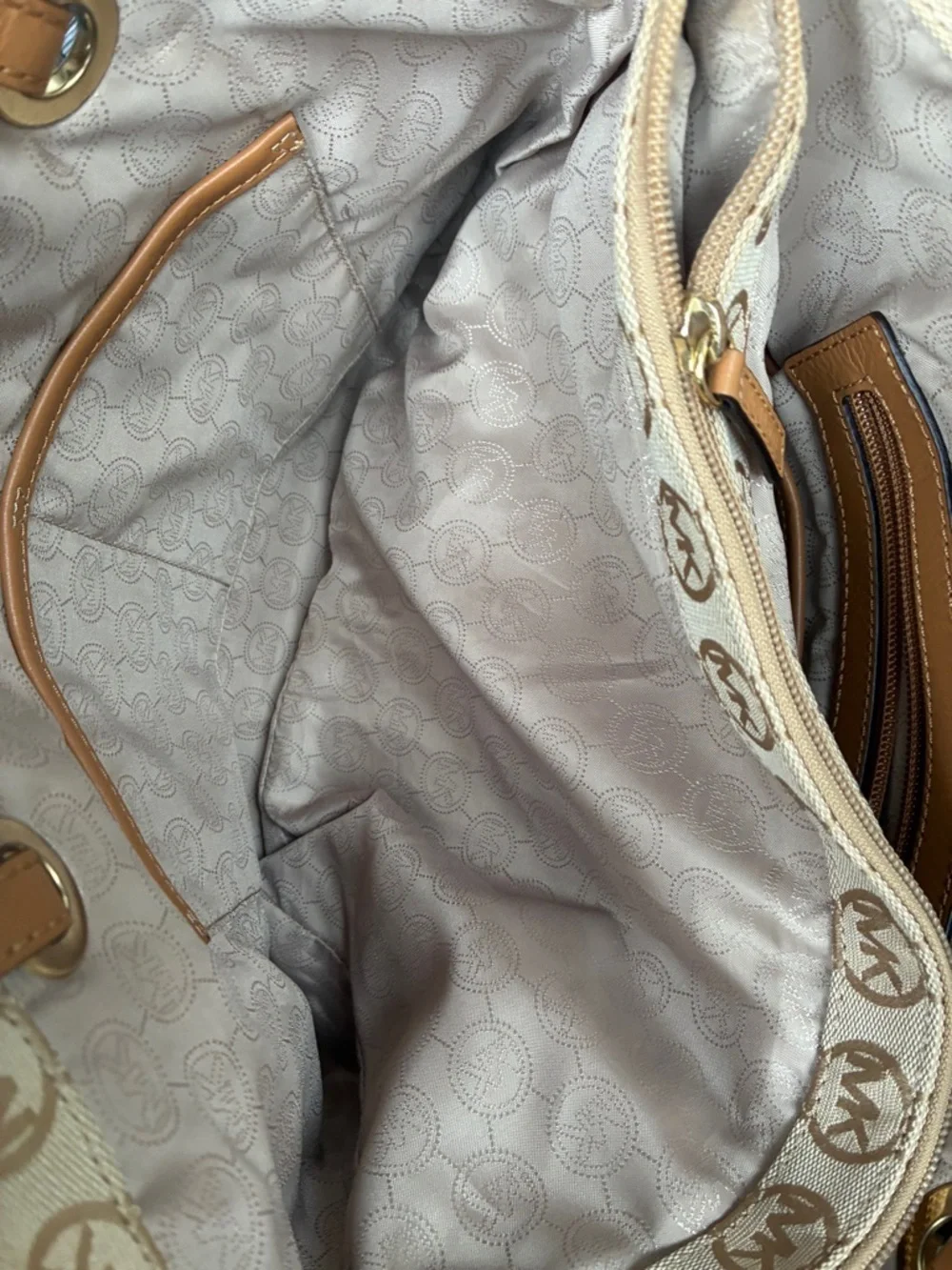 Michael Kors Tan Beige MK Logo Canvas Tote with Leather Straps